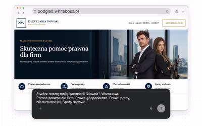 Edytor stron AI z wygenerowaną stroną kancelarii i poleceniem zmian
