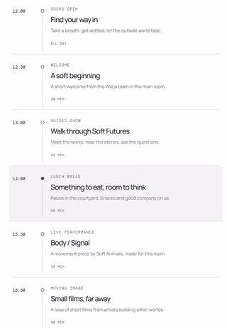 Minimal event schedule website with a daily programme