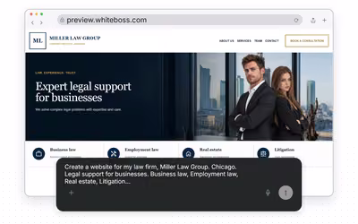AI website editor showing a generated law firm website and a prompt for changes